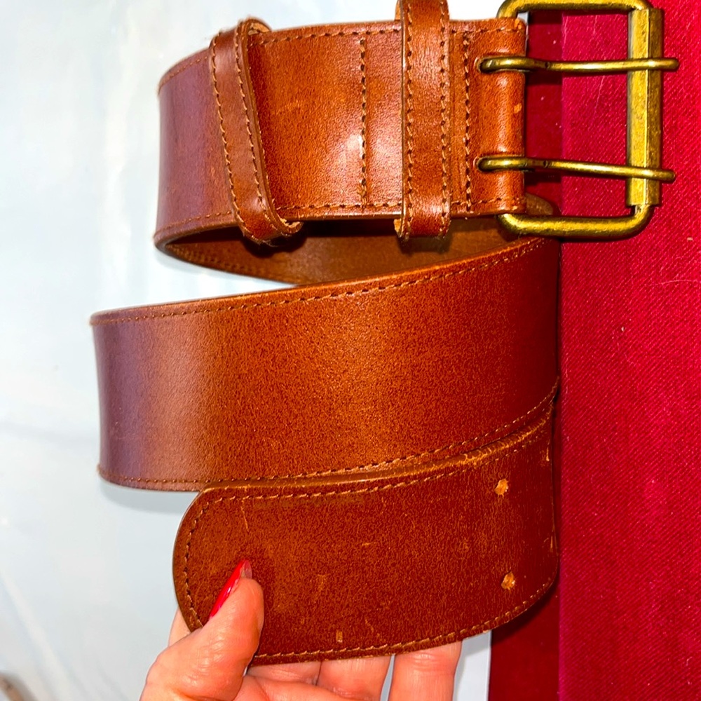 Brown wide leather belt Boho Chestnut 27-31” M Double Prong copper Buckle womens